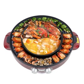 DOONARCES 2-in-1 Electric BBQ Grill Hot Pot Round Electric Grill with Soup Shabu Pot Indoor Smokeless Barbecue Grill with Independent Temp. Control for 2-5 People 110V 2.2KW, Red