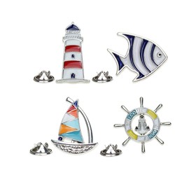 Acxico 4Pcs Creative Metal Cartoon Brooch Set Sailboat Lighthouse Rudder Tropical Fish Shape Lapel Pin Jacket Denim Collar Backpack Pin