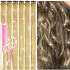 Hair Tinsel Clip in Gold Fairy Hair Tinsel Kit, 12 Pcs 24 Inch Glitter Clip in Hair Extensions for Girls Women Kids Christmas New Year Festival Party (Gold)