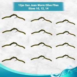 Feeder Creek 12pc Bead Head San Juan Worm Fly Fishing Flies, 3 Size Assortment Flies for Fly Fishing 10,12,14 (4 of Each Size), Fly Fishing Flies for Trout | Bass Flies | Streamer Flies (Olive)