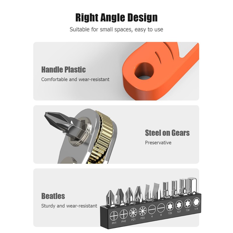 Right Angle Phillips Magnetic Screwdriver, Ancable 1/4” PH2 Mini Ratchet