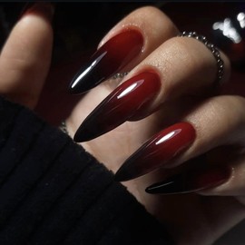 MISUD Press on Nails - Long Stiletto Glue on Nails with Gothic Red Black, Acrylic Goth Vampire Design 24 pcs