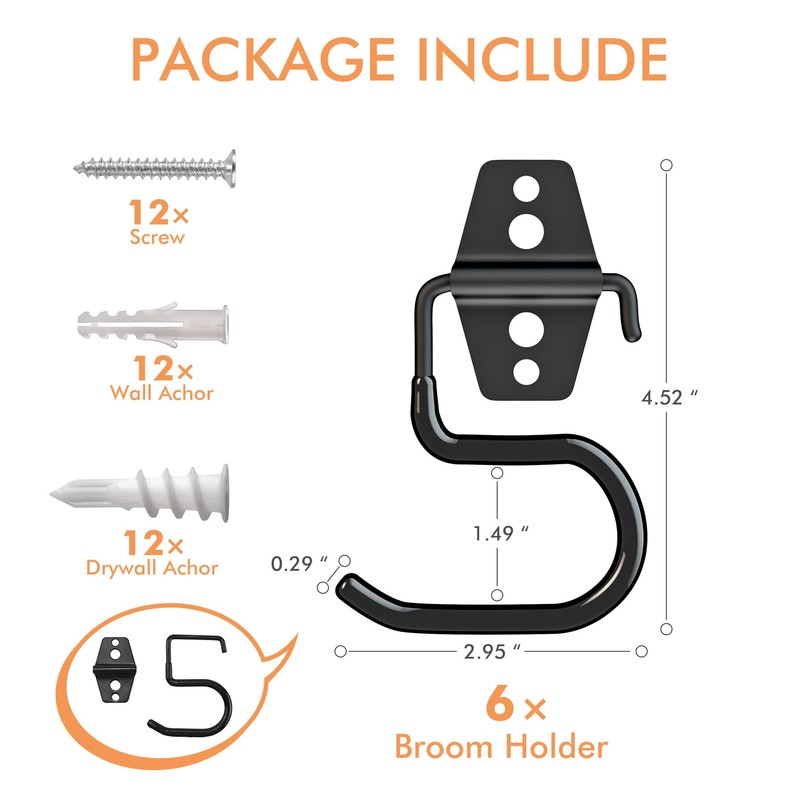 LIGHT DUST Broom Holder Wall Mount - 6 Pack Tool