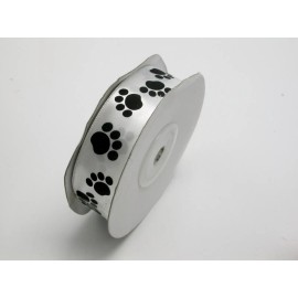 Unbranded Paw Prints Satin Ribbon 7/8" (22mm) White with Black Printed  25 Yards