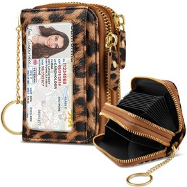 Simikol Double Zipper Card Wallet Credit Card Holder Leopard Brown Leather Small Cute Card Wallet for Women with Keychain, Leopard