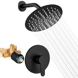 Airuida Shower Faucet Set,8 Inch Round Rainfall Shower Head,SUS304 Stainless Steel Single Handle Shower Trim Kit,Wall Mount Bathroom System with Male Threads Valve Matte Black