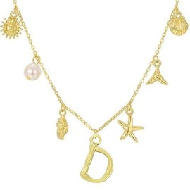 14K Initial Charm Necklace For Women gold Shell Letter Necklaces pearl Boho Necklace Starfish Surfer Beach Letter Pendant Alphabet Choker Necklace Jewelry (D)