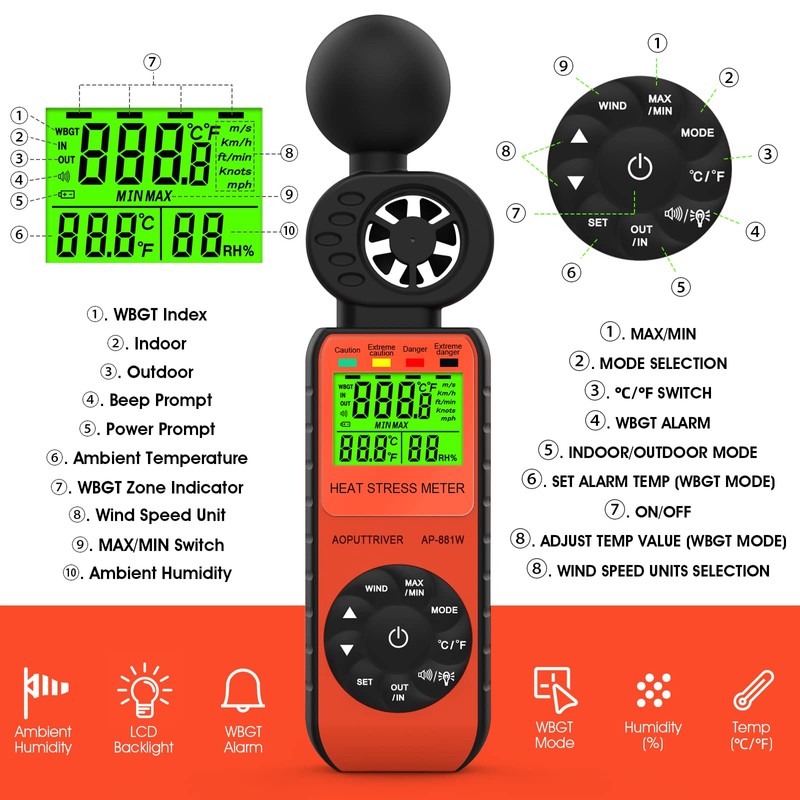 Heat Stress Meter Anemometer, Wet Bulb Globe Heat Stress Meter