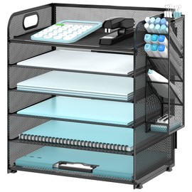 SUPEASY Organizador de escritorio de 6 niveles con 4 soportes para bolígrafos, organizador de papel de malla con asa, bandeja organizadora de escritor