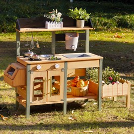 ROBOTIME Mud Kitchen for Kids Outdoor, Wood Outdoor Kitchen with Insect Observation Box & Planter Box, Toddler Play Kitchen with Removable Sink & Faucet, Pretend Outdoor Playset for Garden Fun