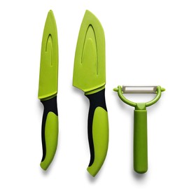 Jean-Patrique 3 Piece Chef’s Knifes Non-Stick Green & Black Prep Set, Kitchen Essential Tools with a Free Peeler