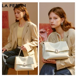 LA'FESTIN Leather Top-handle Satchel For Women: Soft Leather Crossbody Bag with Adjustable Strap, Casual Handbag for Women (White)