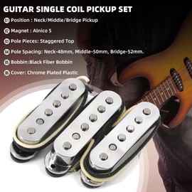 Domofa Single Coil Pickup Alnico 5 Neck/Middle/Bridge Pickups for Strat Electric Guitar Replacement Part (Chrome)
