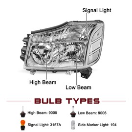 JSBOYAT Headlight Assembly Compatible with 2004-2015 Titan / 05-07 Armada OEM Replacement Headlamp Passenger and Driver Side Chrome Housing with Clear Reflector