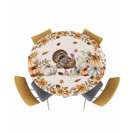 Thanksgiving Turkey Fitted Round Tablecloth,Autumn Pumpkin Back Table Cover with Elastic Edge Waterproof Table Cloth,Retro Linen Circle Table Covers for Kitchen Indoor Outdoor Party 36-44in
