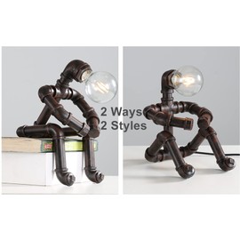 EFINEHOME Water Pipe Table Lamp Robot Style- Retro Industrial Table Light- Antique Steampunk Metal Desk Lamp Bedside Lighting Fixture for Office, Reading Kids Room, Cafe Bar (Rust-Style C)