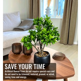 Artificial Bonsai Tree 15" Tall with Realistic Wood and Pot with Stones Fake Plants Umbrella Zen Faux Plants for Home Bedroom Office Bathroom Japanese Decor