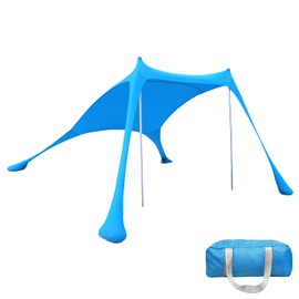Beach Tent Canopy Sun Shade UPF50+, Easy Pop Up Anti-Wind Sun Shelter with Stability Poles/Carry Bag/Ground Pegs/Sand Shovel, Portable Sunshade for Beach Camping