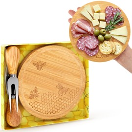 Ziliny Baby Shower Gifts for Guests Prizes Honey Bee Cheese Board Honey Party Favors Mini Honeycomb Wood Cheese Board Gift Set for Bee Baby Shower Themed Birthday Wedding Kitchen Decoration(Round)