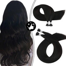 Moresoo Real Hair Extensions Black I Tip Human Hair Extensions 16 Inch Pre Bonded I Tip Hair Colored #1B Off Black Unprocessed Hair Extensions with Salon Style Silky Straight Hair 40g/50s