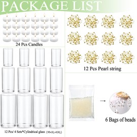 PNJHDZ Set of 12 Glass Cylinder Vases for Centerpieces with 80000 Water Beads 12 Pearl String 24 White Floating Candles for Centerpieces, Table Centerpieces for Wedding Party Home Decor 5, 6, 8 Inch