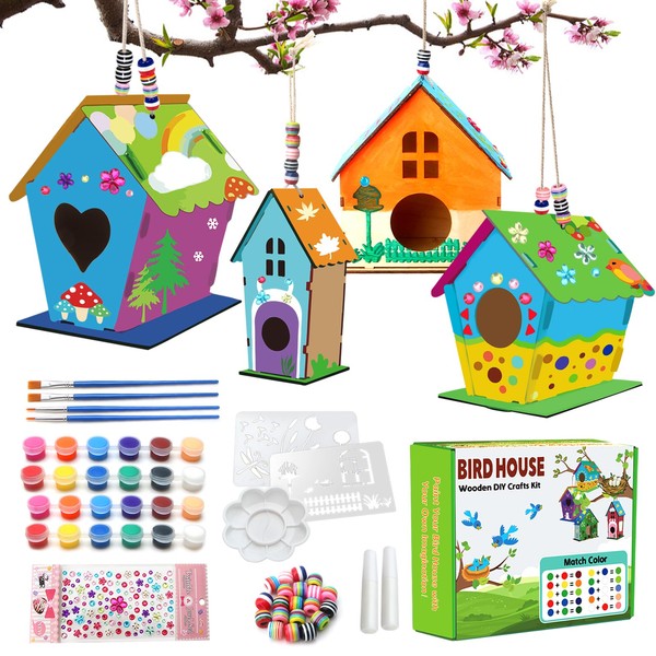 4 Pack Bird House Crafts for Kids Ages 5-8 8-12, DIY Birdhouse Kit for Children to Build, Art Craft Wooden Toys, Craft Projects with Paint,Brushes,Draw Board, Children's Day Gift for Boy Girl