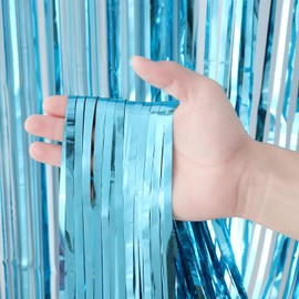 Voircoloria 3 Pack 3.3x8.2 Feet Light Blue Foil Fringe Backdrop Curtains, Tinsel Streamers Birthday Party Decorations, Fringe Backdrop for Graduation, Baby Shower, Gender Reveal, Disco Party
