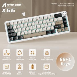 ATTACK SHARK X66 Wireless Mechanical Gaming Keyboard with Knob,Tri Mode USB-C/BT5.0/2.4G Gasket Mounted 60% RGB Gaming Keyboard 66Keys,PBT Keycap, Hot Swappable Custom Strawberry Switch(Cheese White)