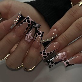 Press on Nails Long Square OFDNE French Tip Fake Nails Pink & Black False Nails with Designs Rhinestones Leopard Print Pink Flower Glossy Glue on Nails Stick on Nails for Women Girls 24 Pcs
