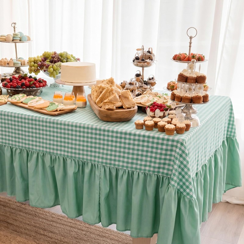 Moukeren 120"x60" Ruffled Tablecloth Gingham Striped Linen Table Cloth Rectangular