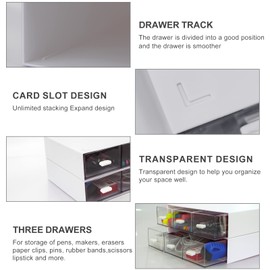 Zuiaso 2 Pack Desk Organiser, Stackable Drawers, Plastic Makeup Organiser, Desk Sundries Storage (3 Drawers, White)