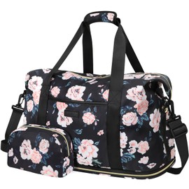 Expandable Travel Duffle Bag, Waterproof Weekender Overnight Bags for Women Men Hospital Bag for Women Labor Delivery Carry on Bag with Toiletry Bag for Travel Gym Airplanes(Black Foral, X-Large)