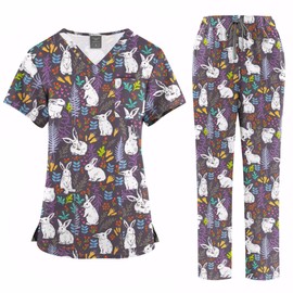 Meichoon Women Healthcare Uniform Cartoon Print V Neck 2 Pocket Short Sleeve Polyester Scrubs Lightweight Anti Pilling Four Seasons