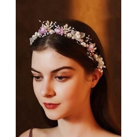YUEKISEN Bridal Pearl Wedding Headband Gold Leaf White Flower Headpiece Princess Fairy Flower Headband Floral Hair Accessories for Women Photography Party Prom (Purple)