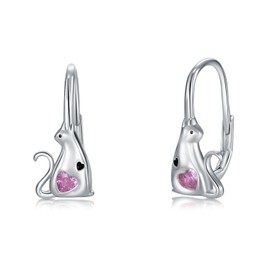 POPLYKE Cat / Frog Earrings for Women Sterling Silver Leverback Earrings Cute Animal Jewelry Gift for Girls, Sterling Silver, Moonstone