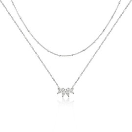 LIHELEI Necklaces for Women, Delicate Leaf Layer Necklace S925 Plated Layered CZ Necklace, Simple Diamond Necklaces for Women, Trendy Jewellery Gifts for Girls, Cubic Zirconia