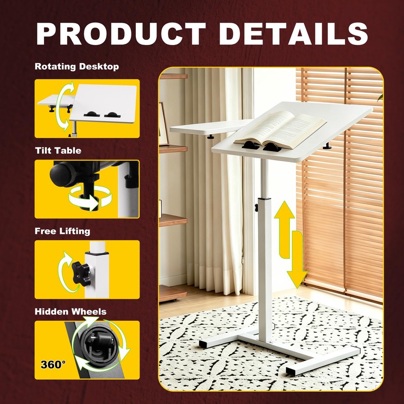 Saifu Adjustable Overbed Table, 23.6"x15.8", Height 25"-38.6", White