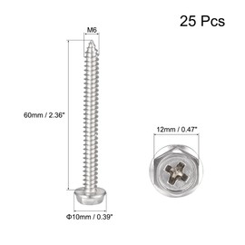 sourcing map Phillips Hex Washer Self Tapping Screws, M6 x 60mm 304 Stainless Steel Hex Flange Sheet Metal Screw 25pcs