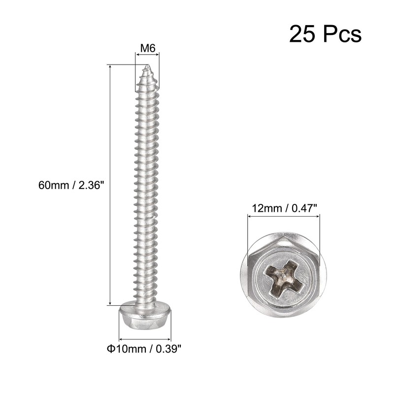 sourcing map Phillips Hex Washer Self Tapping Screws, M6 x