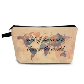 YULUENZE World Map Makeup Bag Vintage Travel Organizer Bag Toiletry Zipper Pouch And Off She Went To Change The World Cosmetic Bag Birthday Graduation Travel Present for Women Friends Sisters