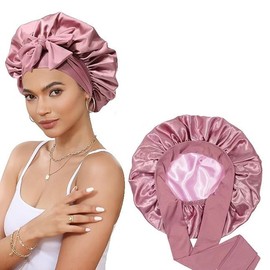 Women's Double Layer Thin Night Sleep Cap with Ribbon, Wide Stretch Round Bonnet (Hijab Style) Free Size/Pink Pink 4ea