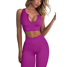 QINSEN Workout Outfits for Women 2 Piece Ribbed Seamless Crop Tank High Waist Yoga Leggings Sets, Raspberry Sherbet, Small