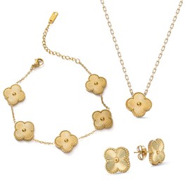 echden Lucky Four Leaf Clover Jewelry Set, 18K Diamond Necklace Pendant Earrings Bracelet for Women,Clover Jewelry Christmas Birthday Gift for Women Girls (gold)