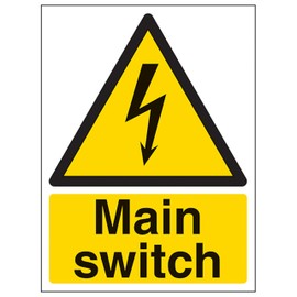 V Safety Main Switch - Portrait 150 x 200 mm - 2mm Super-Tough Rigid Plastic Safety Sign