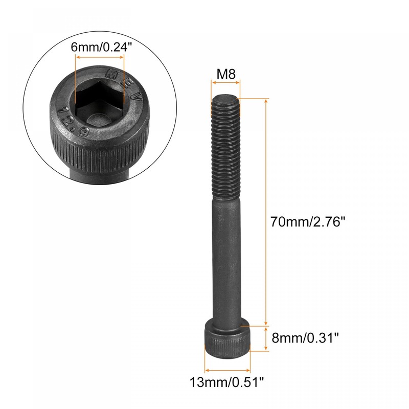 sourcing map M8x70mm Socket Head Bolts 12.9 Grade Alloy Steel