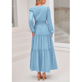 PRETTYGARDEN Women's Maxi Dress Casual Long Sleeve V Neck Smocked Waist Tiered Ruffle Flowy Cocktail Pocket Dresses (Light Blue,Small)