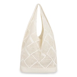 loacuony Women's Beach Bag, Crochet Bag, Crochet Bag, Mesh Beach Bag, Boho Shoulder Bag, Handmade Mesh Handbag, Summer Beach Bag for Holiday, Travel, Everyday Life, Spring and Summer, beige