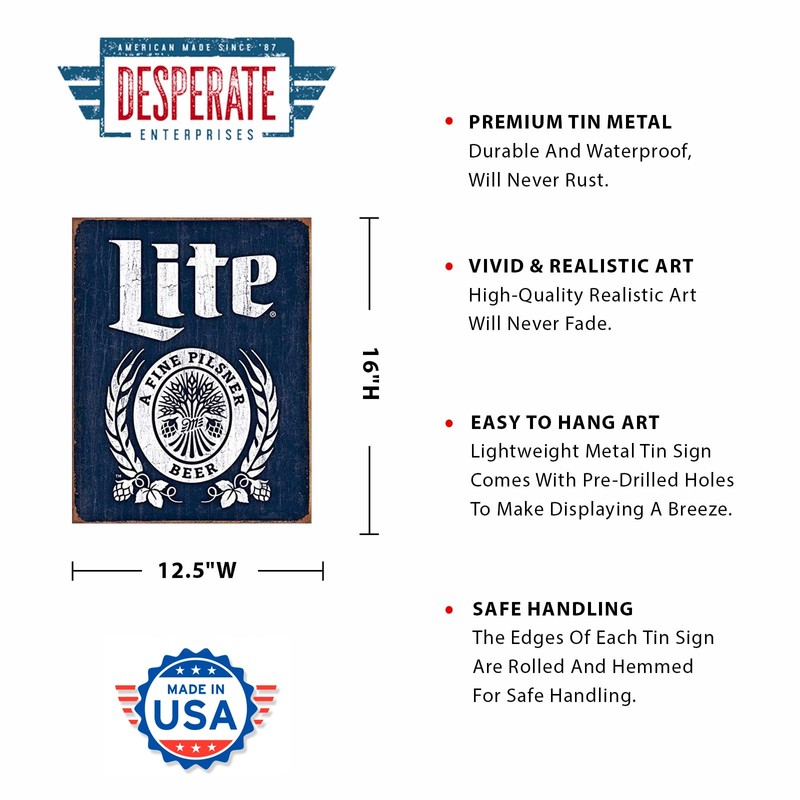 Desperate Enterprises Miller Lite Bottle Logo Tin Sign - Nostalgic