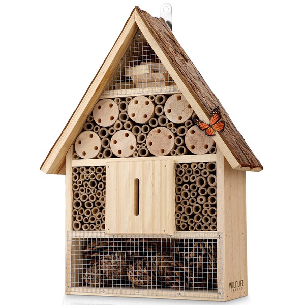 WILDLIFE FRIEND I Large Insect Hotel with bark roof Natural, Weatherproof, Insect House Made of Natural Wood for Bees, Ladybugs, lacewings, Butterflies, bee Hotel, Nesting aid for Hanging