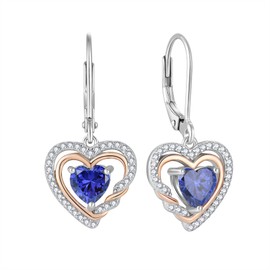 Aprila Heart Dangle Earrings 925 Sterling Silver Leverback Drop Earrings with 5A Cubic Zirconia December Birthstone Tanzanite Color 2-tone White Gold&Rose Gold Plated